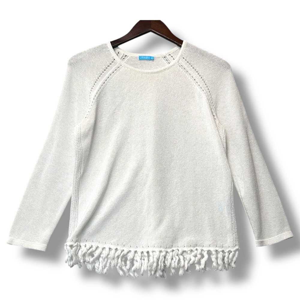 J.McLaughlin Women Fringe Hem Knit Sweater Top M Italian Yarn Resort Nautical - Picture 2 of 7